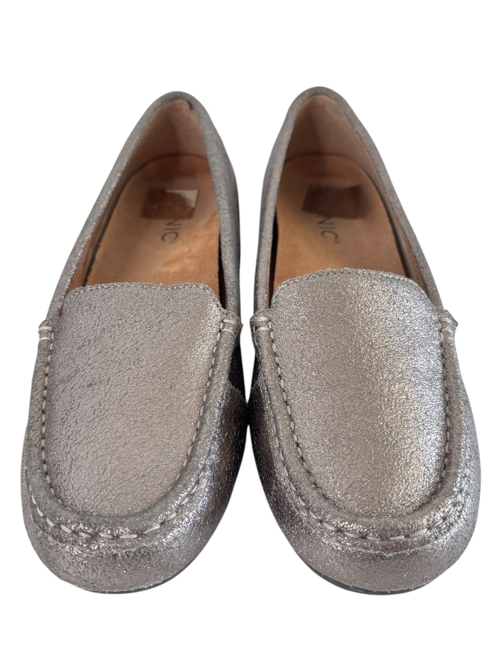 VIONIC Debbie Metallic Loafer Size 8 M Pewter Leather Flats Womens Comfort Shoe